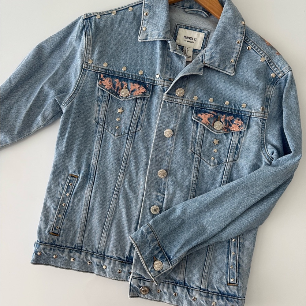 Handcrafted and handmade denim Jean light blue jacket with pink metallic spots